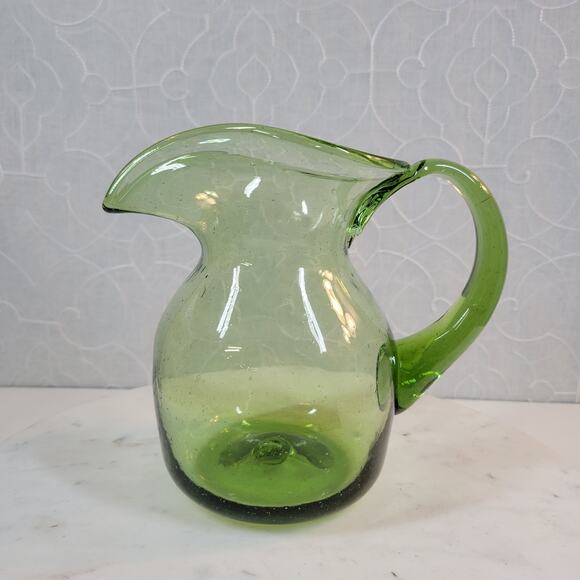 VTG Slung Glass Pitcher 7.25" Green Hand Blown Bubbles Wide Ribbon Mouth Handle - Picture 9 of 16